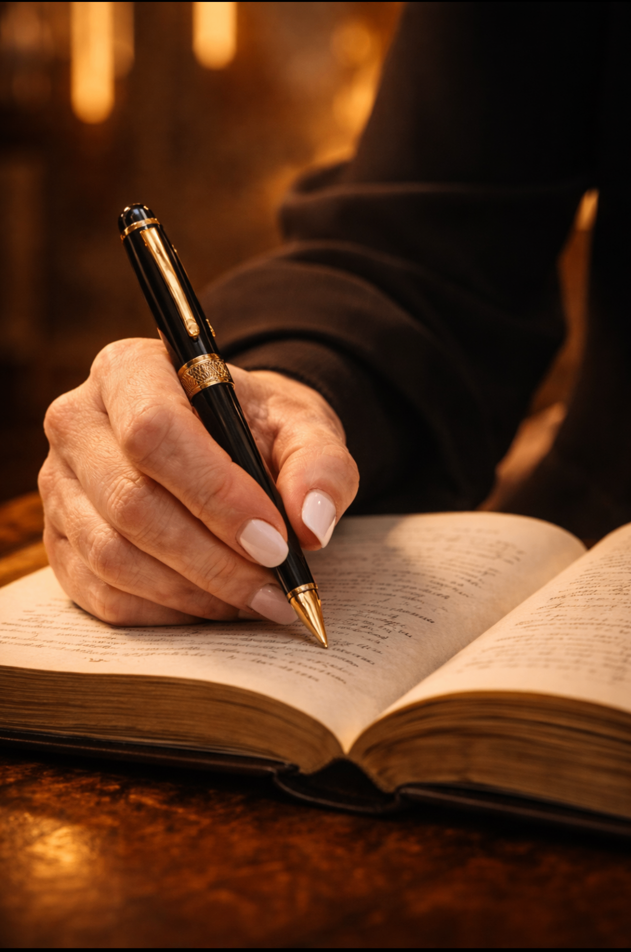 Dr. Nadja Seneca Giuffrida writing by hand in a leather-bound journal