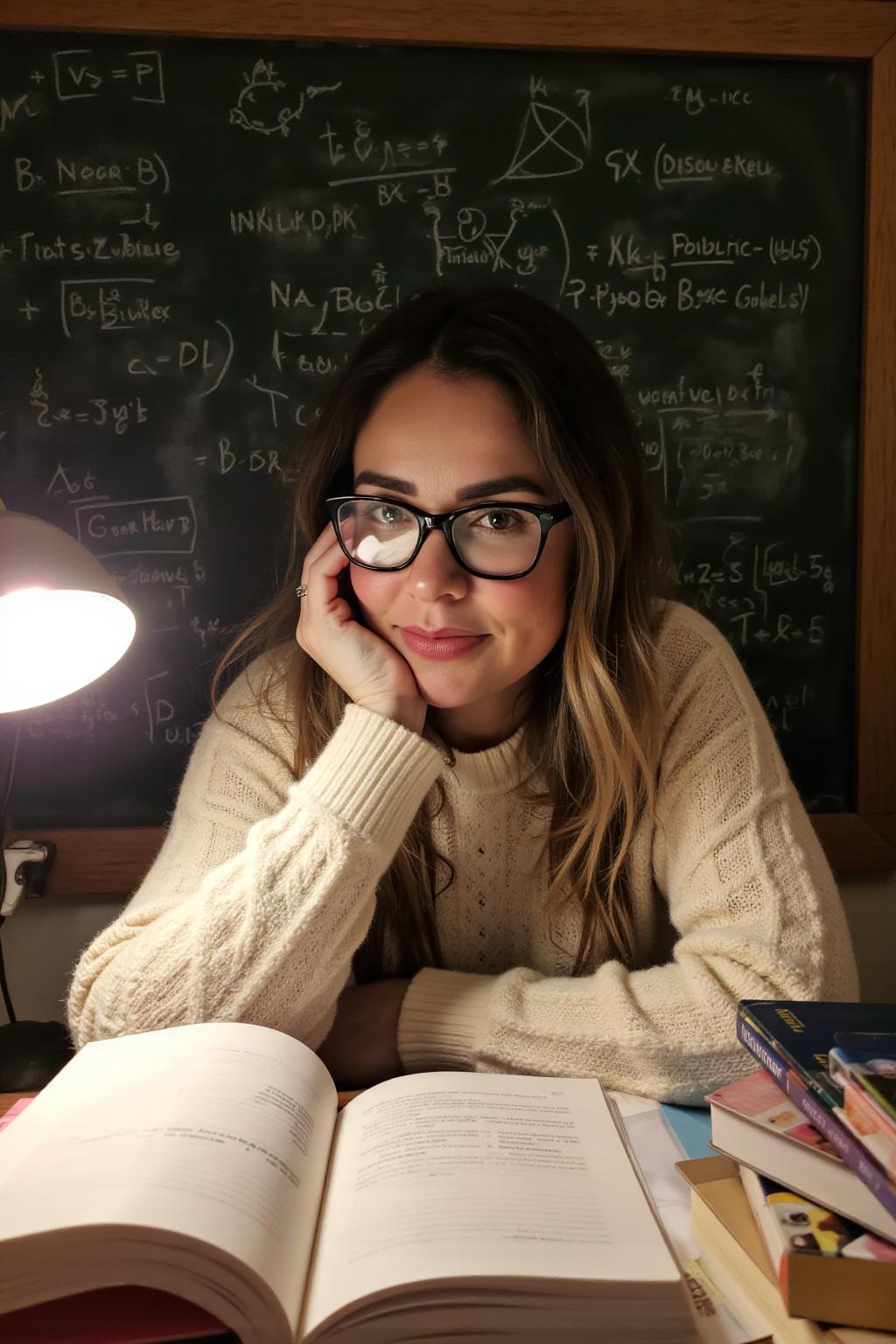 Dr. Nadja Seneca Giuffrida at her writing desk, surrounded by books and equations